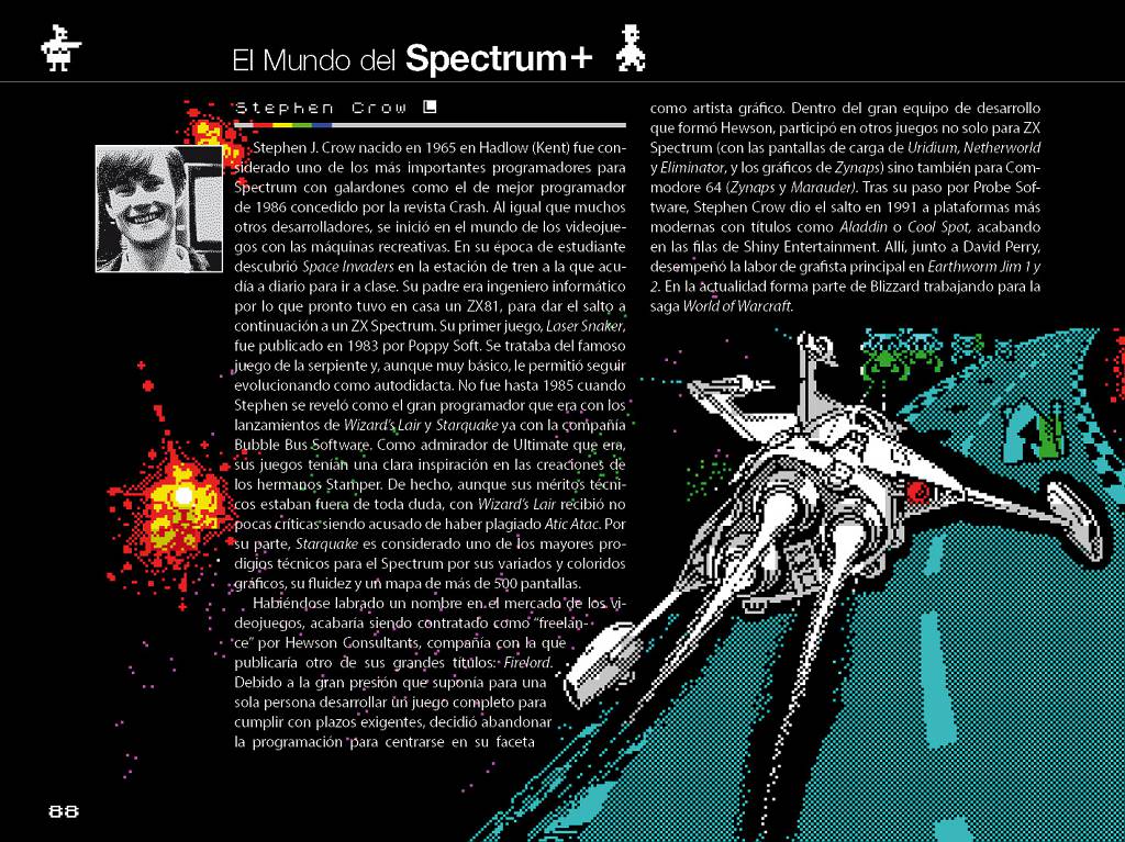 Doble página en la que se habla del programador Stephen Crow con el fondo de Eliminator.