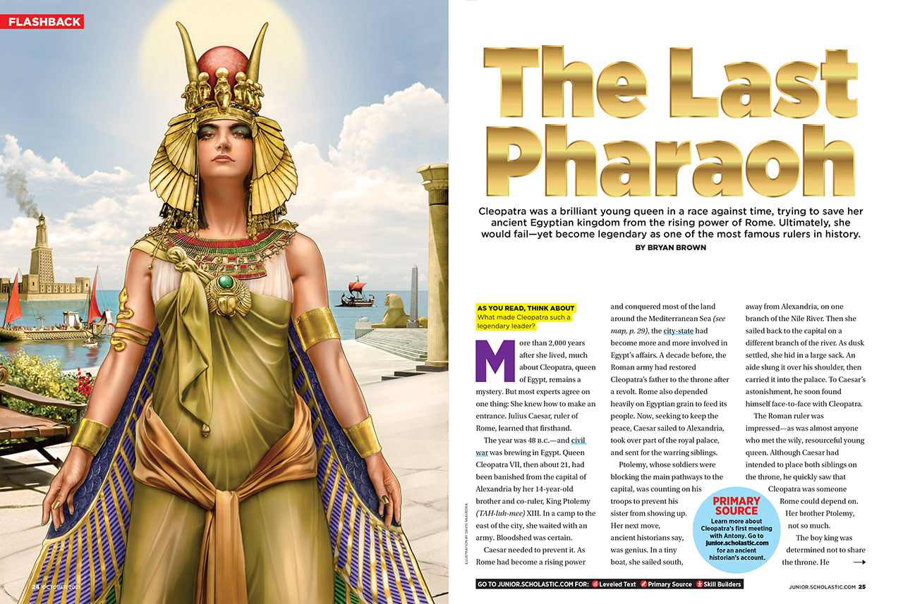 Doble página del artículo interior The Last Pharaon centrado en la vida de Cleopatra.