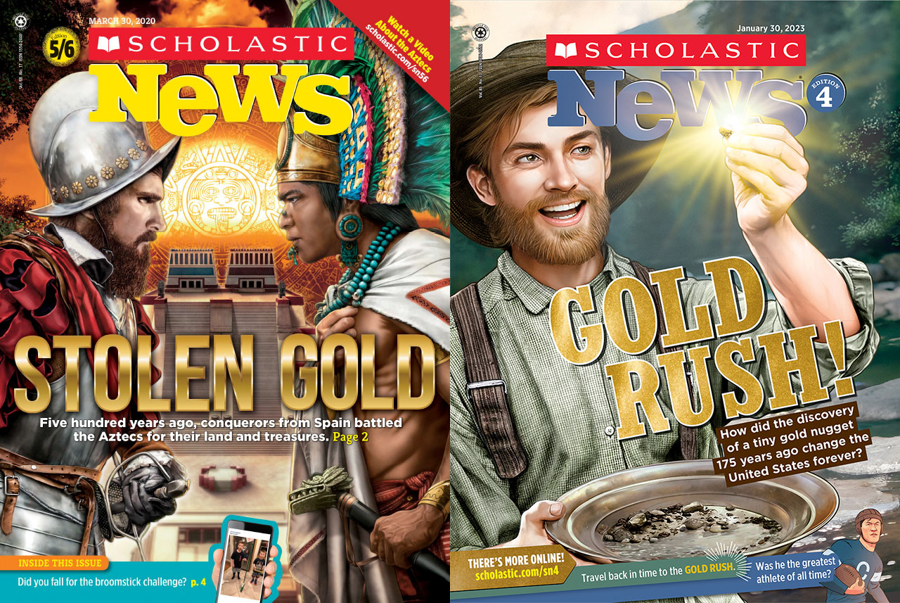 Portada de Scholastic News 5/6 del 30 de marzo de 2020 y portada de Scholastic News del 30 de enero de 2023.