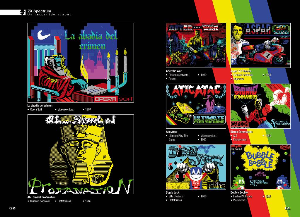 Doble página con pantallas de carga de varios juegos de Spectrum.